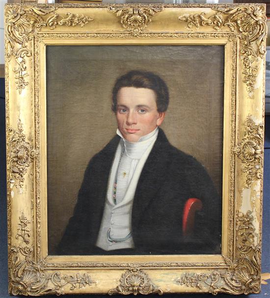 English School c.1830 Half length portrait of a gentleman, 30 x 25in.
